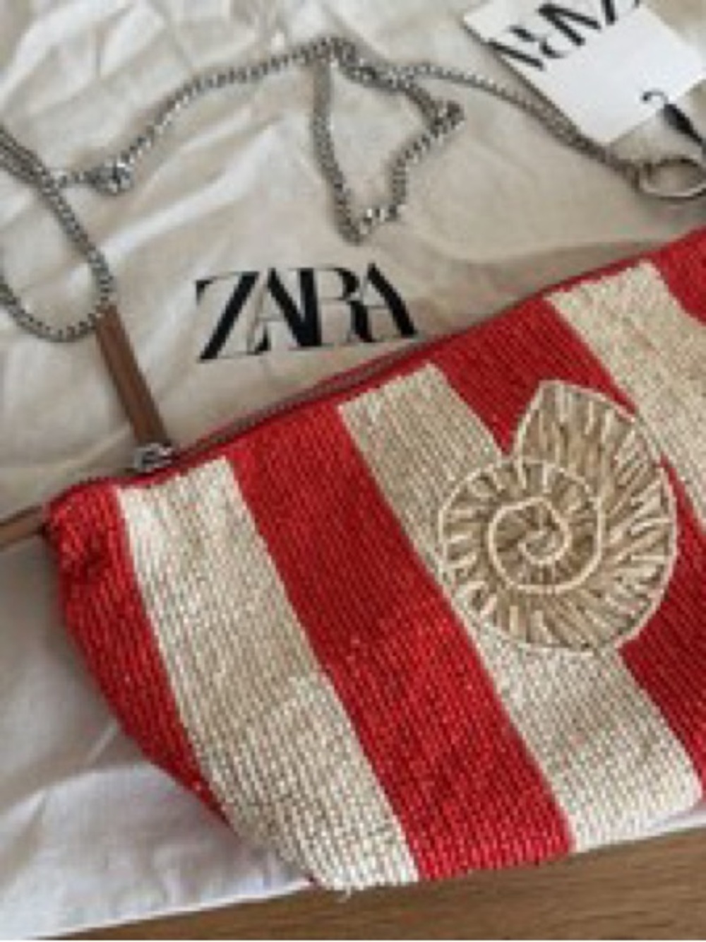 Zara Striped Beaded Shoulder Bag with Shell Motif - Red & Cream